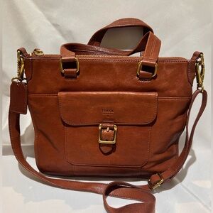 Fossil 11 x 13  Camel satchel bag with two top handles and adjustable strap